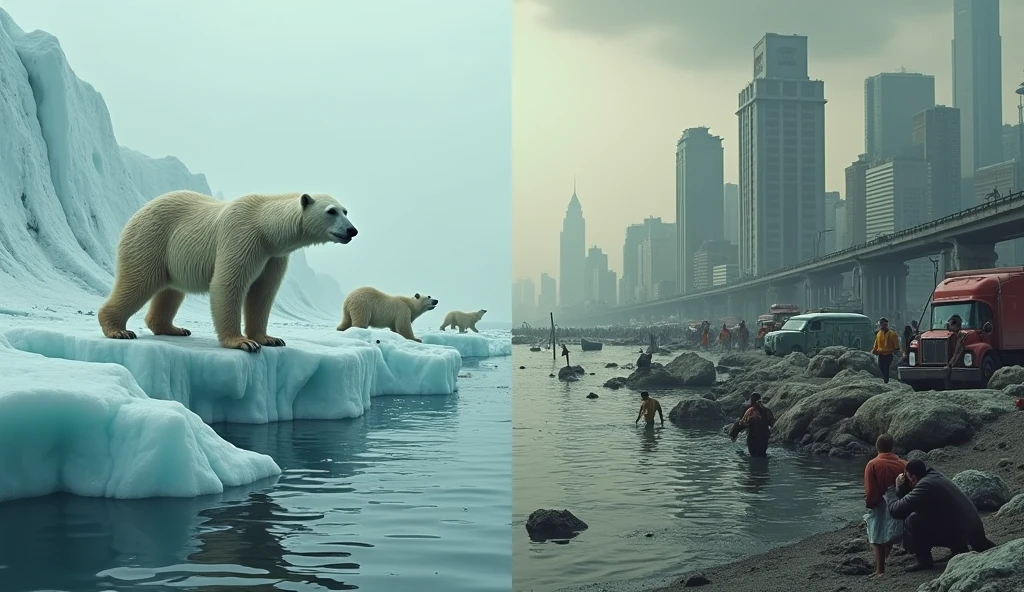 An artistic representation of global warming’s impact, featuring a split scene. One side shows a melting glacier with polar bears struggling to find ice, while the other side depicts a city experiencing extreme heatwaves and rising sea levels. The contrast emphasizes the urgent need for action, 32K, extreme highly detail