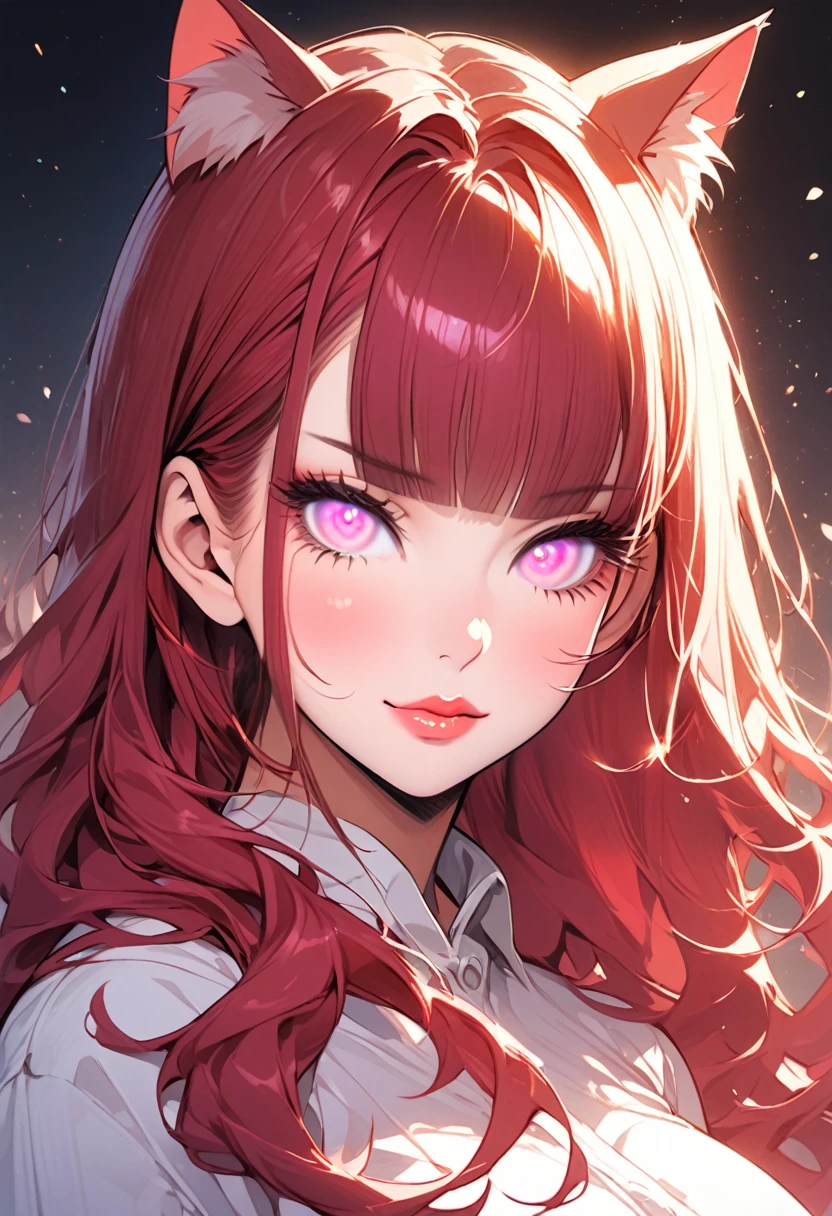 full body, 1girl, maroon red hair,(shiny lipstick) (pink eyes), long hair, detailed face, cat ears, large breasts, long eyelashes, mature, (smirk, closed lips, big plump lips, eyeshadow) shiny skin, beautiful eyes,(detailed eyes, sharp eyes, clear pupils:0.8), blunt bangs, wispy bangs