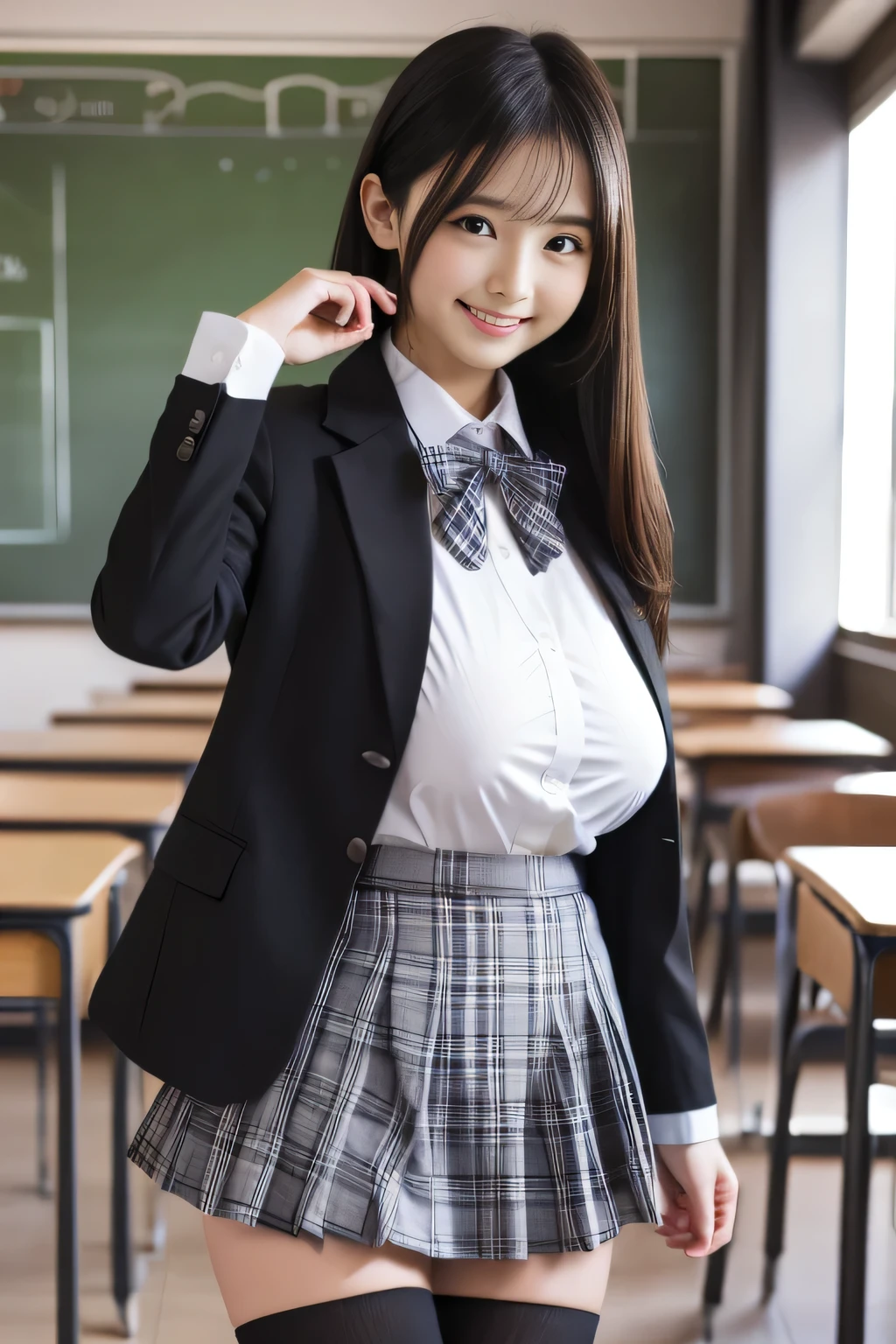 masterpiece, Highest quality, 8k, Young and beautiful, Baby Face、Clothed Big Tits、(((((()))))),((Large Breasts:1.3)), photo shoot, Cute Face, Thighs, classroom, Embarrassing、smile、 compensate, 10 generations, Detailed face, Background blur、Long Hair、Black Hair、Tight waist,((school uniform、White shirt、Checked mini skirt))、Black knee-high socks