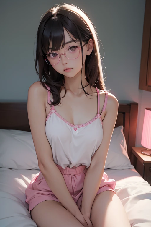 Highest quality、masterpiece、High sensitivity、High resolution、Detailed Description、Slender women、Glasses、White camisole、Sitting on a futon、Bathed in pink neon light、overall、atmosphere、