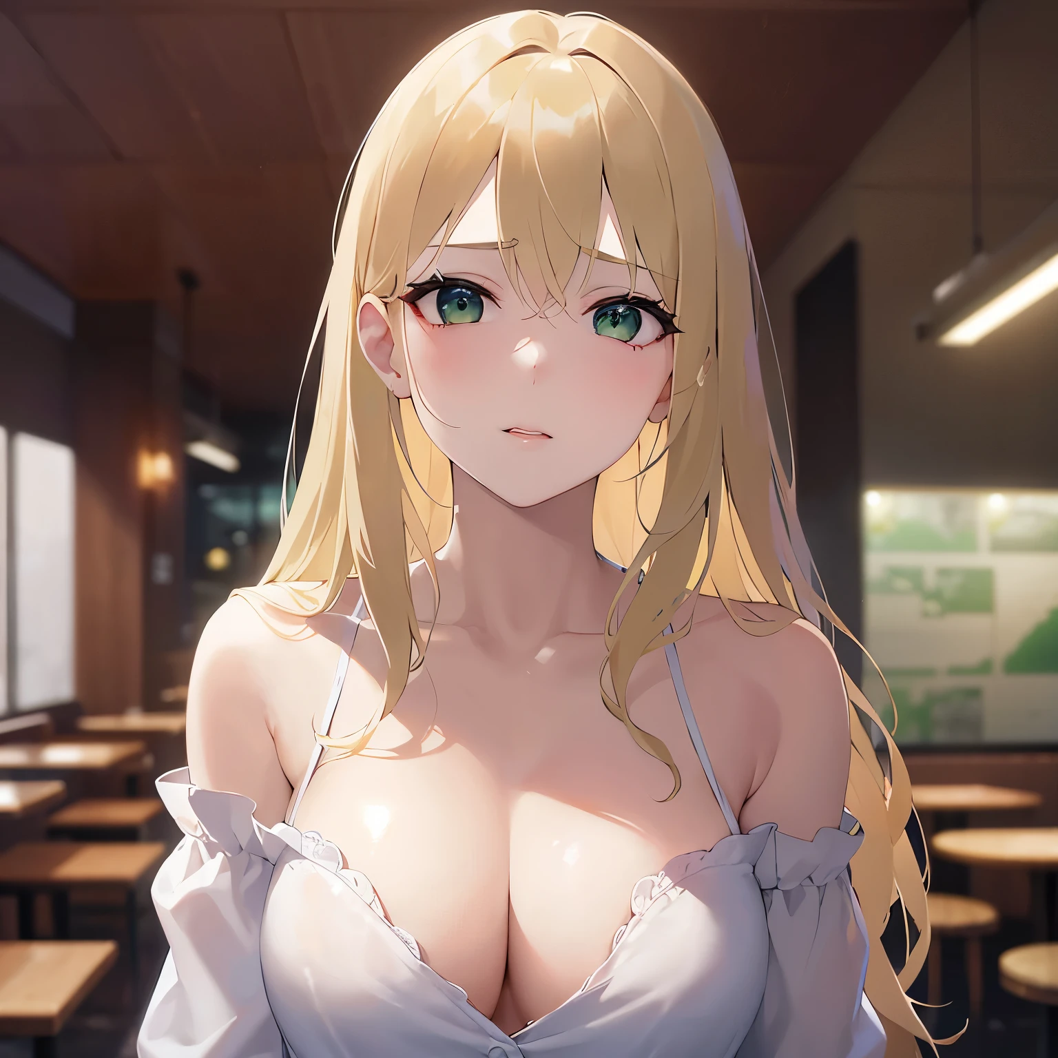 Cleavage、(Placing hand on chest:1.1)、Upper Body, Realistic, real person, (pale skin: 1.2), RAW photo, photorealistic, shiny skin, shiny hair、(A 25-year-old woman with medium-length hair and bangs) and (wavy hair) and (Blonde Hair) and (green eyes) , BREAK (white) and (off shoulder blouse) BREAK 、 (embarrassed:1.5), The background is the interior of a restaurant at night.、Alone、Are standing