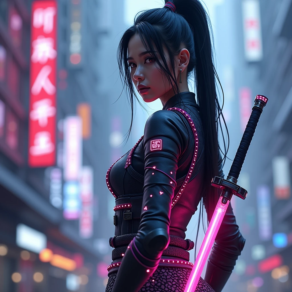 A beautiful modern-day female samurai in a cyberpunk city, holding a (((neon-lit katana sword:2))),and wearing(((armor that glows with electric energy:2))),(((cybernetic enhancements:1.6))),(ethereal fantasy concept art) . painterly, epic, majestic, cover art, best quality, realistic render, unreal engine, lifelike, hyperrealistic, highly detailed, 8 K, hyper detailed, insane details,