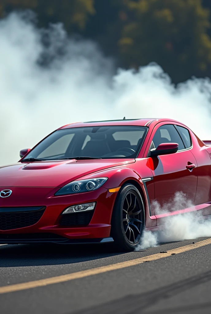 Side view of a Red Mazda Rx8 doing a burnout