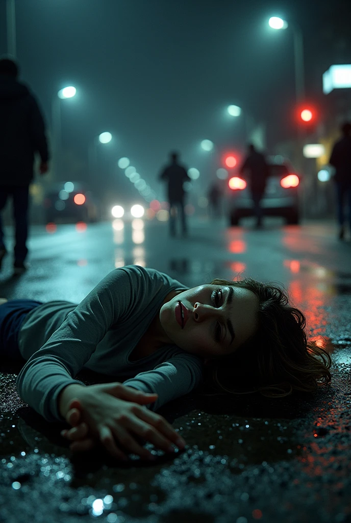 (photorealism:1.2) a young woman hitted by a sppeding car at night it is a hit and run