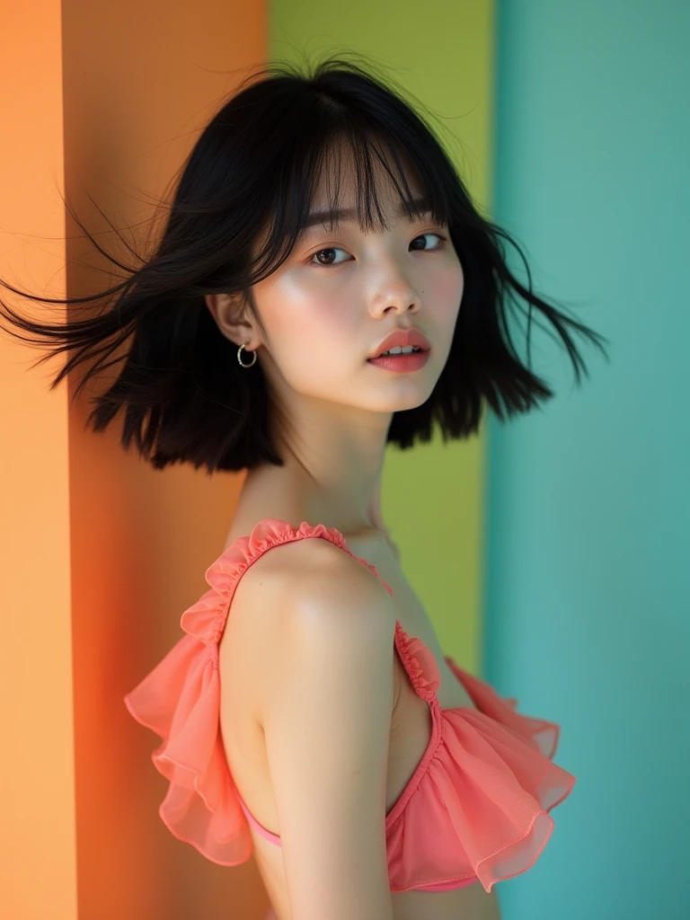 real photograph, (masterpiece), (highest quality), (Super detailed), (messy hair), (shape), (one japanese girl), (chiffon frill bikini), Are standing, Fashion Model, (simple orange mintgreen blue background), fine and beautiful eyes, pretty faced, floating, (high color saturation), focus on face, black bob cut hair, floating Hairs, (shining), best writing, best shadow,