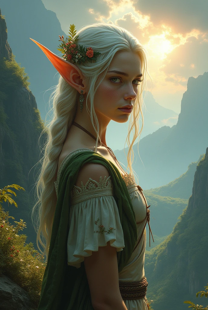 1girl, fantasy theme, landscape sky,(best quality, high quality, high resolution), realistic, ultra-detailed, highly detailed face features, realistic lighting and reflections, highly detailed face features, elf , best photo, high quality illustration