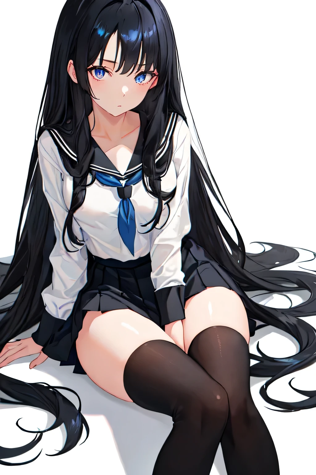 Black Hair, Black Eyes, (Blue Light From One's Eyes), 1 Girl, Long Hair Style, Masterpiece, Best Quality, Perfect Anatomy, Small Breast, Simple School Uniform, Cute, Beutiful, [Perfect Hand], [Perfect Eyes], Without Body Exposure