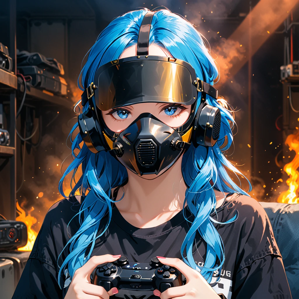 Woman wearing a black welding mask with long blue hair and a gaming controller near her face