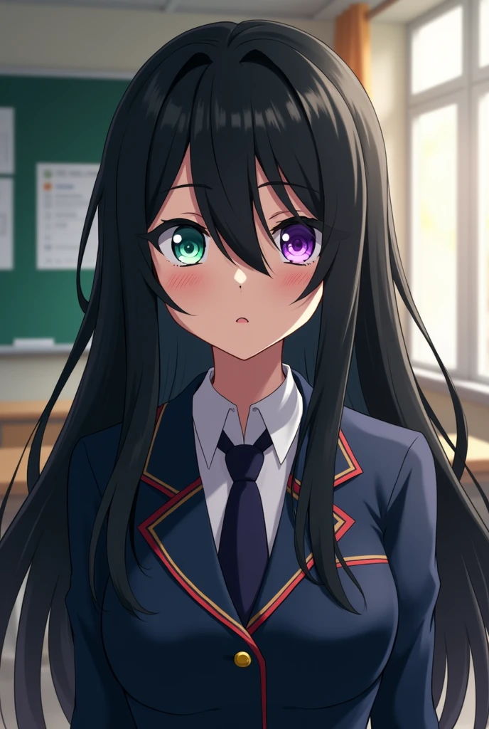 screenshot of My Hero Academia
Girl with long black hair with two strands
One eye is purple phosphorescent and the other is emerald green or something like that, with the UA uniform, a little serious face, UA school class background