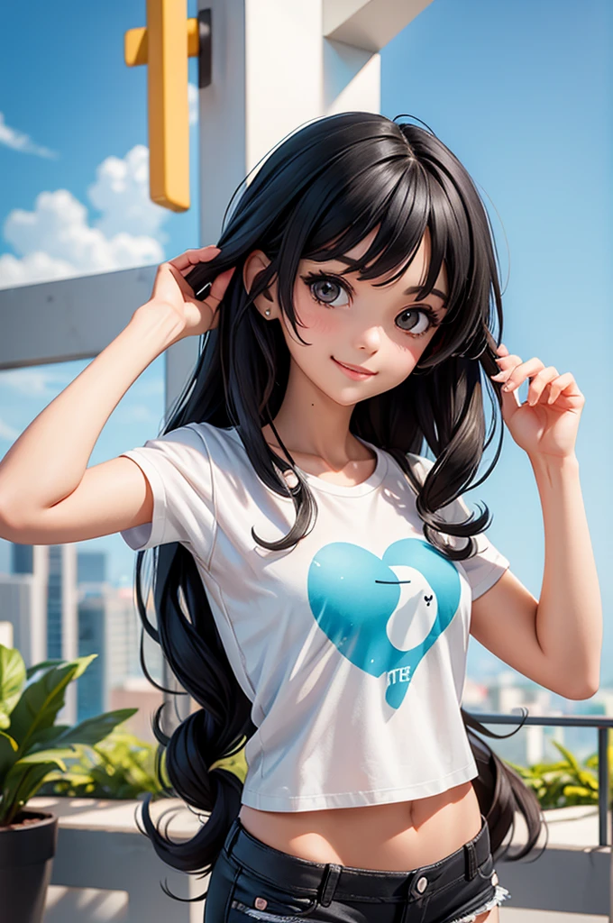 Gal,An illustration,Black Hair,Plain T-shirt,Shorts,smile,semi-long,Curly Hair