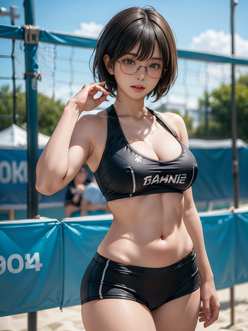 8k, RAW Photos, Highest quality, masterpiece, Realistic, Realistic, (1 Ultimate beauty), Baseball Cheerleading Club,(Strictly adhere to a composition where only one person appears in the photo)、(At the Beach)((At the Beach volleyball court))(Wear rimless glasses)((Beach volleyball player))(beach volleyball uniforms) (((Wearing bold colored clothing)))Highly detailed face, (Perfect Teeth), fine grain, double eyelid, eyelash, Lip details, (((Black short bob hair), (((Very large breasts)))Big Breasts,(((Accentuate your cleavage)))(((playing beach volleyball)))(((Emphasize the flesh of your buttocks)))((Sexy pose))(((Random pose)))Cowboy Shot,  Soft Light, ((Written boundary depth)) 
Proceed with caution，((, Japanese women)), (((moderately fleshy body, Tight waist))), (((Photograph the whole body, Realistic))