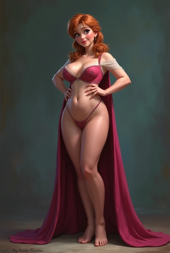Photo of Anna of Arendelle, Anna from Disney Frozen movie, tall and sexy, superb face, perfect body, provocative, Nice, show breasts, huge breasts, nude sexy legs, bursting huge breasts, wide hips, busty, sexy, enormous breasts, happy.