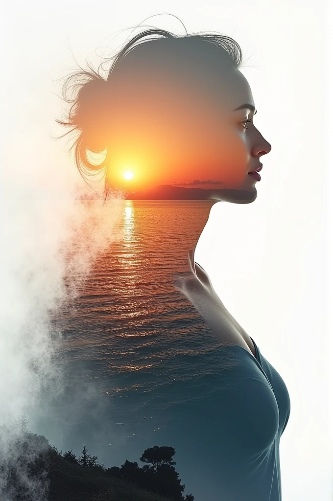 high quality, 8K Ultra HD, A beautiful double exposure that combines an goddess silhouette with sunset coast, sunset coast should serve as the underlying backdrop, with its details incorporated into the goddess , crisp lines, The background is monochrome, sharp focus, double exposure, by yukisakura, awesome full color,