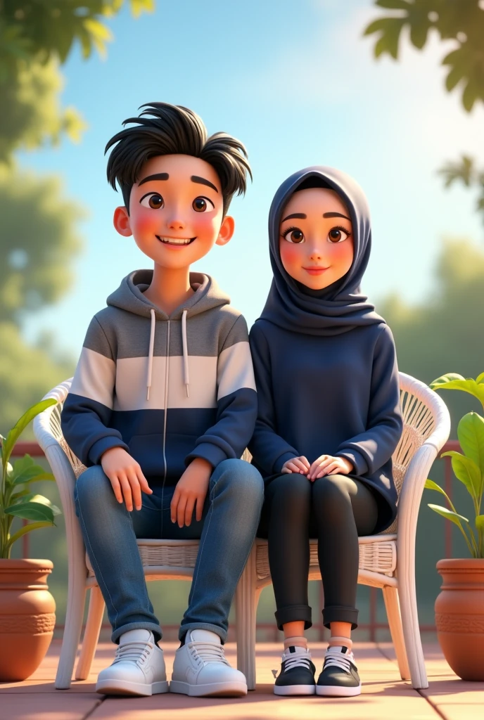 Disney Pixar poster that say character male with short Korean hair, smiling handsome, wear a long gray, white, navy striped Hoodie and blue jeans and white shoes sitting on a white rattan chair whit a woman with simple make-up and a hijab black wear a navy blue shirt and black jeans sitting to the left of the man on the terrace, 3D animation