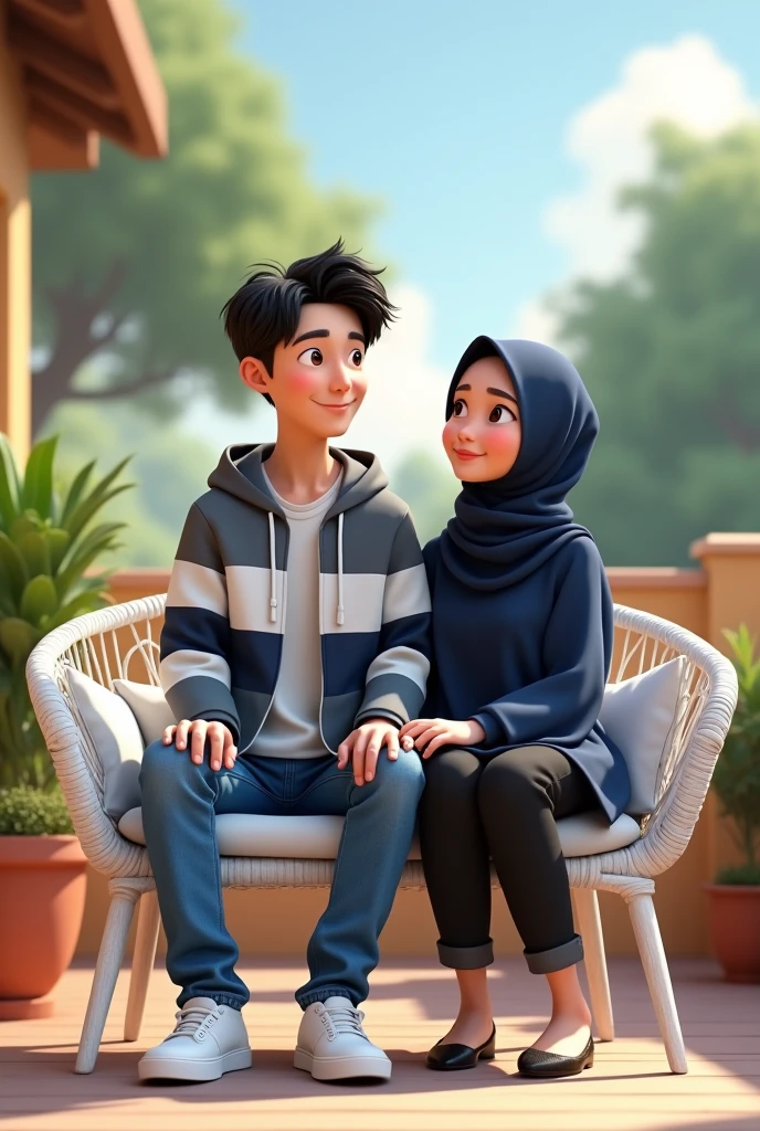 Disney Pixar poster that say character male with short Korean hair, smiling handsome, wear a long gray, white, navy striped Hoodie and blue jeans and white shoes sitting on a white rattan chair whit a woman with simple make-up and a hijab black wear a navy blue shirt and black jeans sitting to the left of the man on the terrace, 3D animation