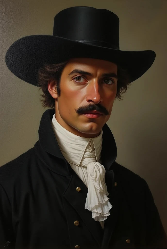 A 25-year-old man with light brown skin, a black mustache, full lips, and wearing a black hat in the 18th century.

