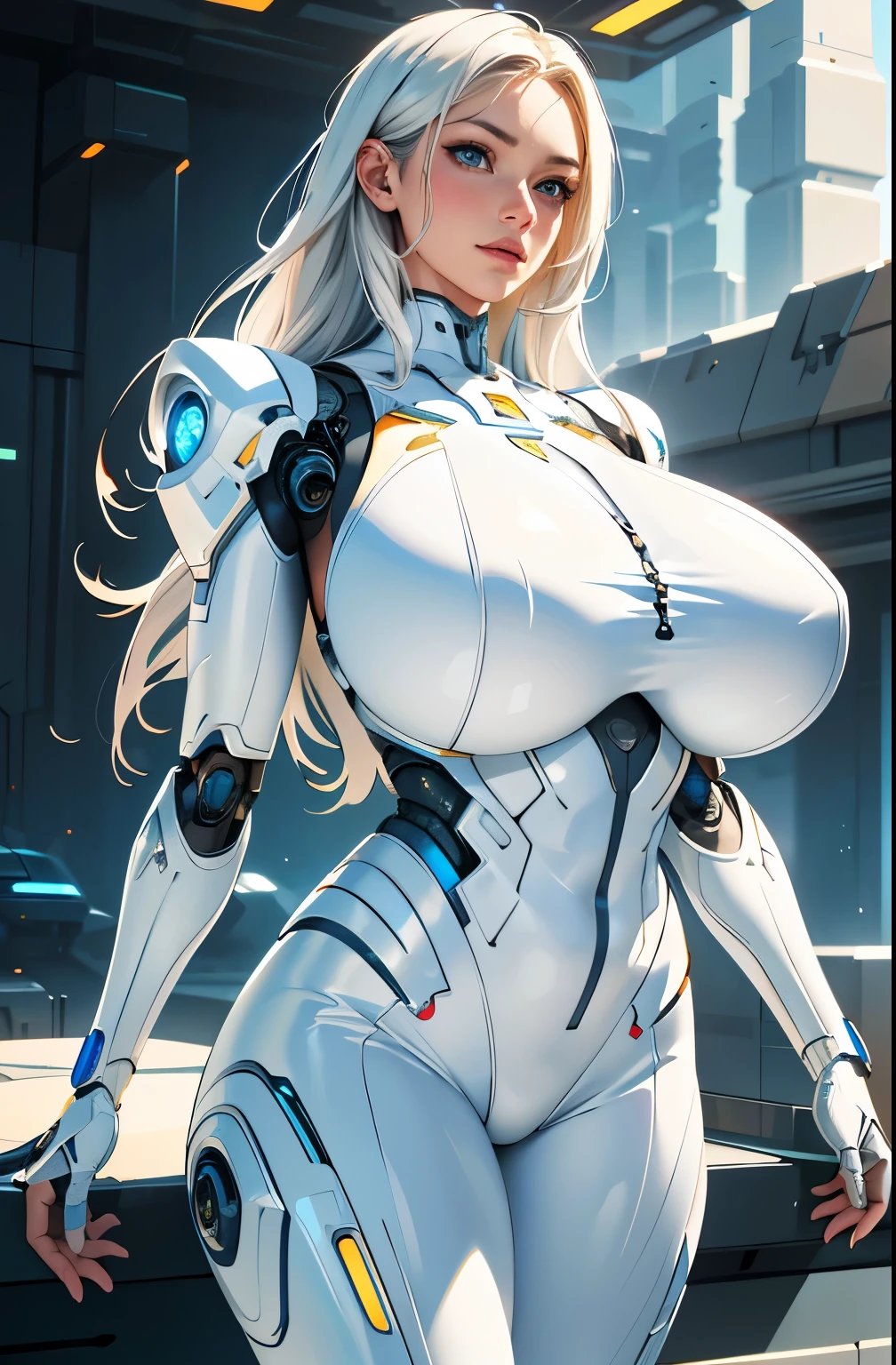 organic cyborg, white plastic, diffuse lighting, fantasy, intricate, elegant, highly detailed, realistic, realistic, digital painting, artstation, illustration, concept art, smooth, sharp focus, art by John Collier and Albert Obright and Krenz Kusart and Artem Demura, full body, wide hips, huge breasts, (gigantic breasts:1.6), curvy, sci-fi, robot girl, white suit