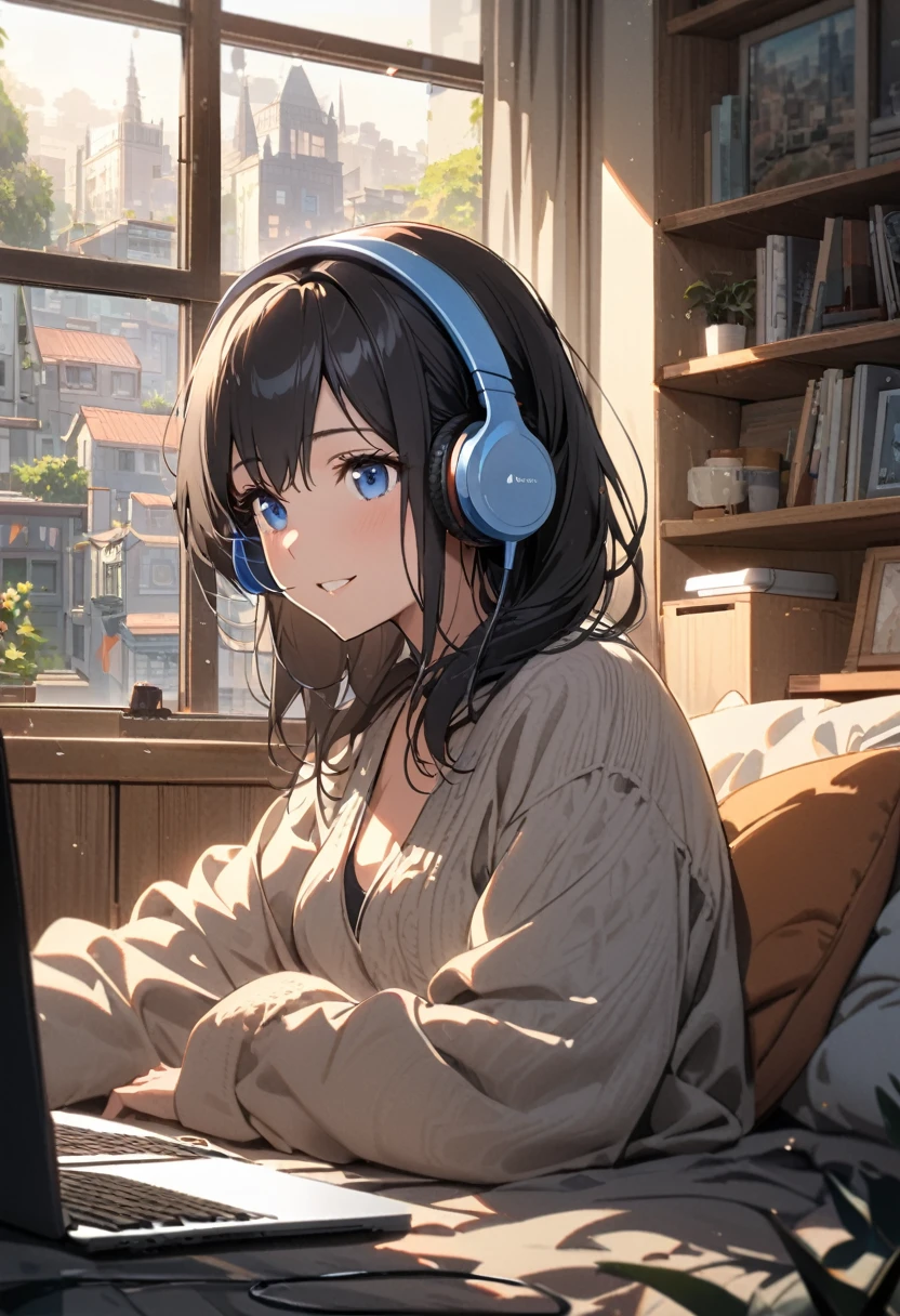 A beautiful woman, alone, A gentle smile on her face, Black Hair, blue eyes, Beautiful depiction,A woman sitting in front of a computer in a cozy bedroom, A woman listening to music in a cozy room (noon), Use headphones, (beautiful noon views from windows), City,Very detailed