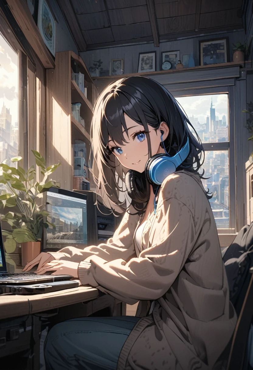 A beautiful woman, alone, A gentle smile on her face, Black Hair, blue eyes, Beautiful depiction,A woman sitting in front of a computer in a cozy bedroom, A woman listening to music in a cozy room (noon), Use headphones, (beautiful noon views from windows), City,Very detailed