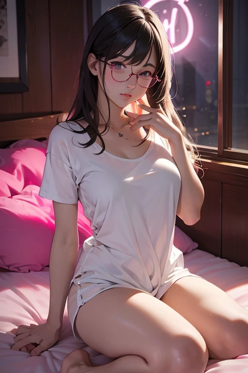 Highest quality、masterpiece、High sensitivity、High resolution、Detailed Description、Slender women、Glasses、White camisole、Sitting on a futon、Bathed in pink neon light、Erotic atmosphere、