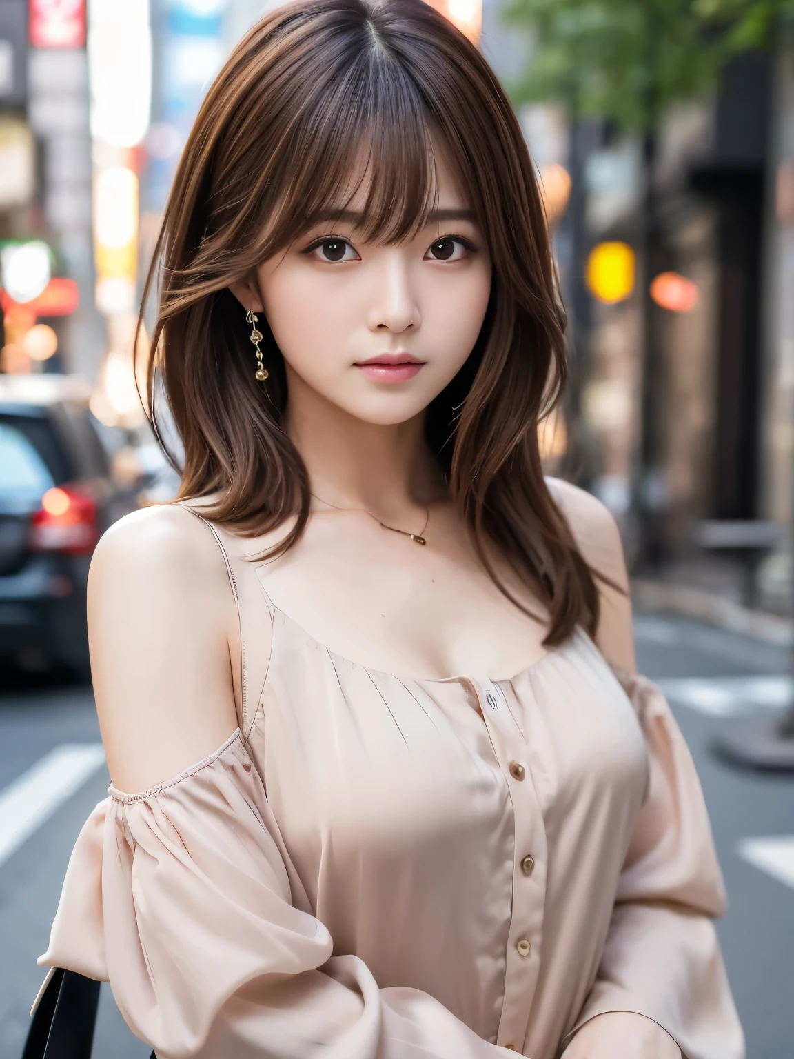 Ultra High Definition, Superior Quality, Premier Quality, ultra detailed, Photorealistic, 8k, RAW Photos, highest quality, masterpiece, Attractive girl, Stunning girl, Brown Hair, Shoulder Length Layered, asymmetrical bangs, Japanese Idol, Sophisticated, Stylish, blouse,Shibuya,
