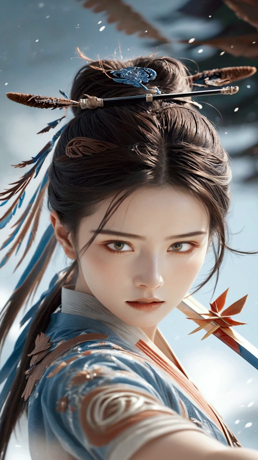 (Japanese sword &reference;Muramasa 2&reference;.2)Beautiful 27 year old woman、Japanese women、Tie your hair back、Hair ornament artist、Shinobi Costume、Warrior、Clear Eyes、{Arm tattoo(SakuraFubuki}'Back Tattoo、Warrior、(Japanese swordを両手で構える、1.3)(Japanese sword1.2)Intermediate position、In front of the body、(Hold the sword horizontally 1.3)、whole body、Long Blade Sword、Realistic battle scenes、敵Warriorの返りBlood、Blood、High resolution、Highest quality、Very detailed、8k、background、The castle is burning、Sparks fly、