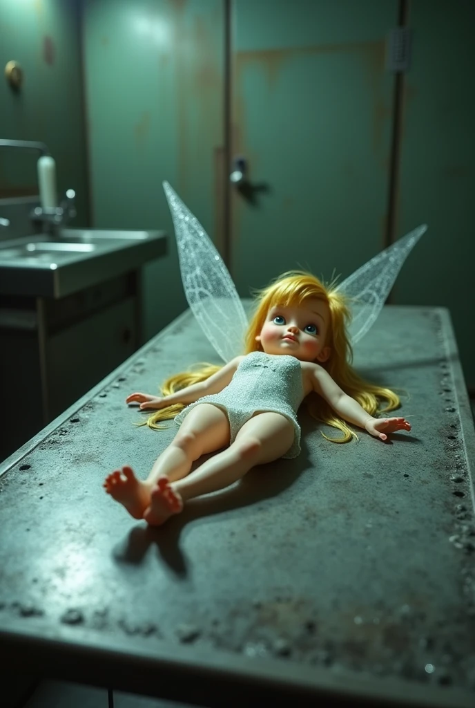 Tinkerbell on a morgue slab, on her back, barefoot, focus on the soles