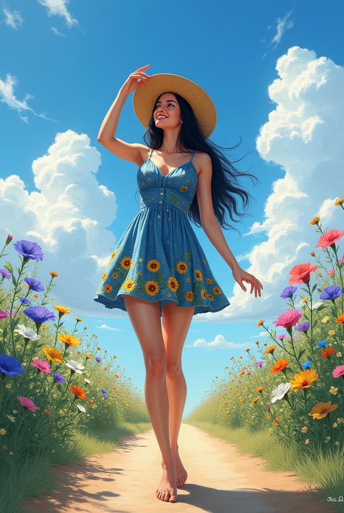 masterpiece,HDR,1 girl,black hair, big breasts,smile,straw hat,One-piece dress with sunflower pattern on blue ground color,She is standing on a jarry road in the countryside,She holds her straw hat on top with her right hand,She's looking up at the sky,The area around the Jariji road is filled with morning glories,blue sky,cumulonimbus