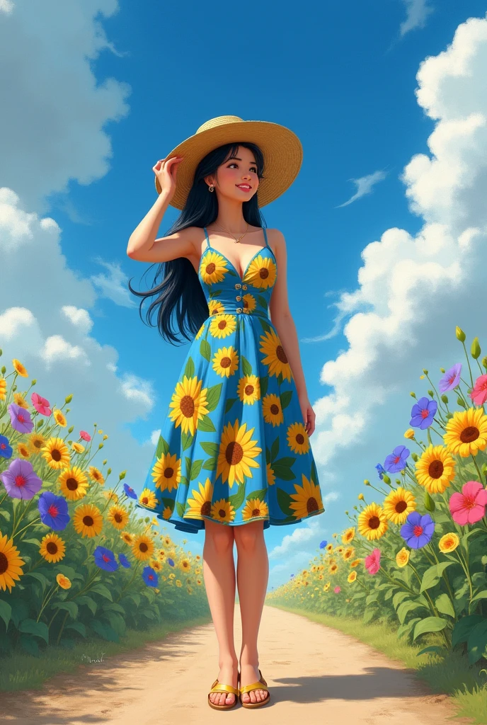 masterpiece,HDR,1 girl,black hair, big breasts,smile,straw hat,One-piece dress with sunflower pattern on blue ground color,She is standing on a jarry road in the countryside,She holds her straw hat on top with her right hand,She's looking up at the sky,The area around the Jariji road is filled with morning glories,blue sky,cumulonimbus