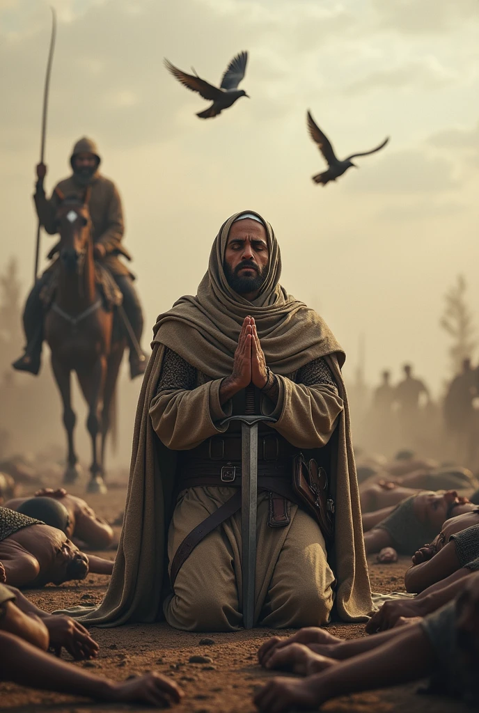 A Muslim man warrior with his sword offering namaz on the battlefield. There are dead bodies lying on all four sides. And he sit-down for namaz and raised her hand and prayed to Allah. There are birds flying towards the sky. His horse is beside him.