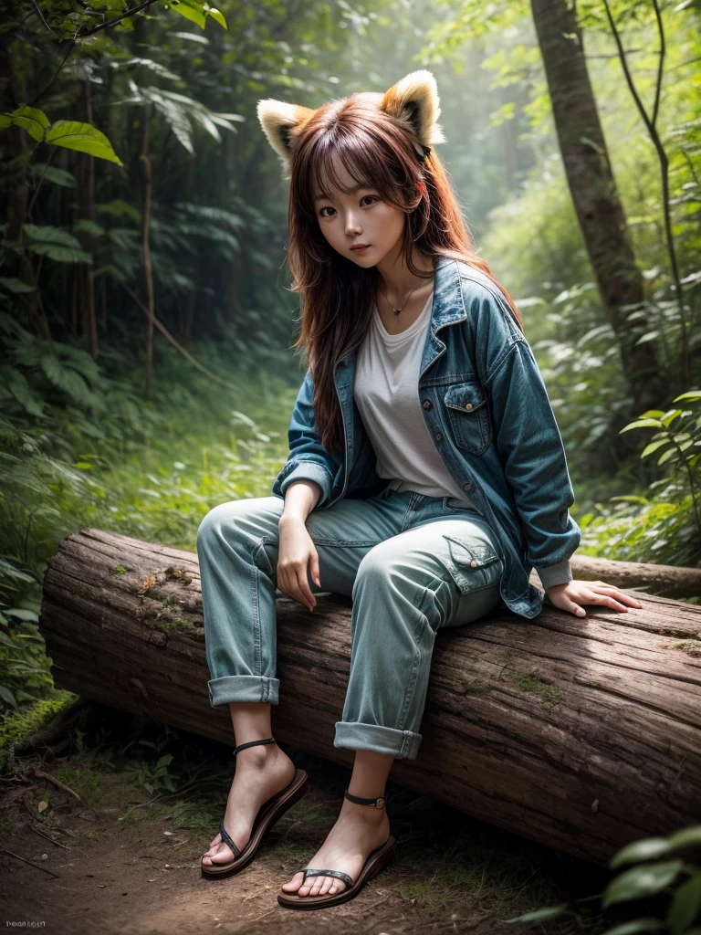 A stunning cinematic photo capturing a naturally beautiful Korean woman in a 3/4 angle full body view. She is seated on a fallen tree trunk in a serene green hill environment, surrounded by lush foliage and a distant mountain range. The woman is dressed casually in a t-shirt, cargo jacket, and long denim pants, with flip-flops on her feet. She is holding a captivatingly cute red panda, which adds a magical touch to the scene. The soft sunlight creates an ambient glow, and the image is captured in ultra-high definition with a DSLR camera, showcasing an impressive level of detail., cinematic, wildlife photography, photo, portrait photography