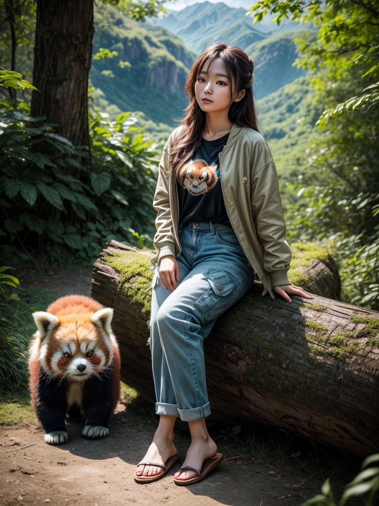 A stunning cinematic photo capturing a naturally beautiful Korean woman in a 3/4 angle full body view. She is seated on a fallen tree trunk in a serene green hill environment, surrounded by lush foliage and a distant mountain range. The woman is dressed casually in a t-shirt, cargo jacket, and long denim pants, with flip-flops on her feet. She is holding a captivatingly cute red panda, which adds a magical touch to the scene. The soft sunlight creates an ambient glow, and the image is captured in ultra-high definition with a DSLR camera, showcasing an impressive level of detail., cinematic, wildlife photography, photo, portrait photography