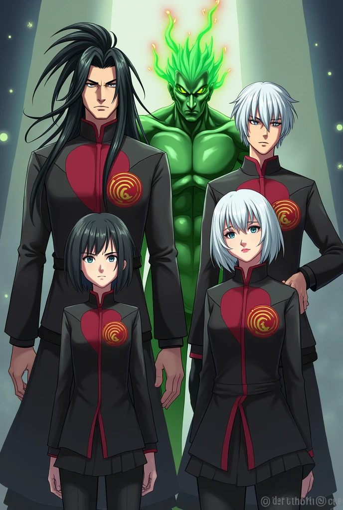 Create a group of people,there is a tall man with long samurai-style hair and dark clothes , a man with medium length hair of white color and white color, a green humanoid man with green fire, a woman with white hair and black clothes, Everyone in their clothes has a red badge.