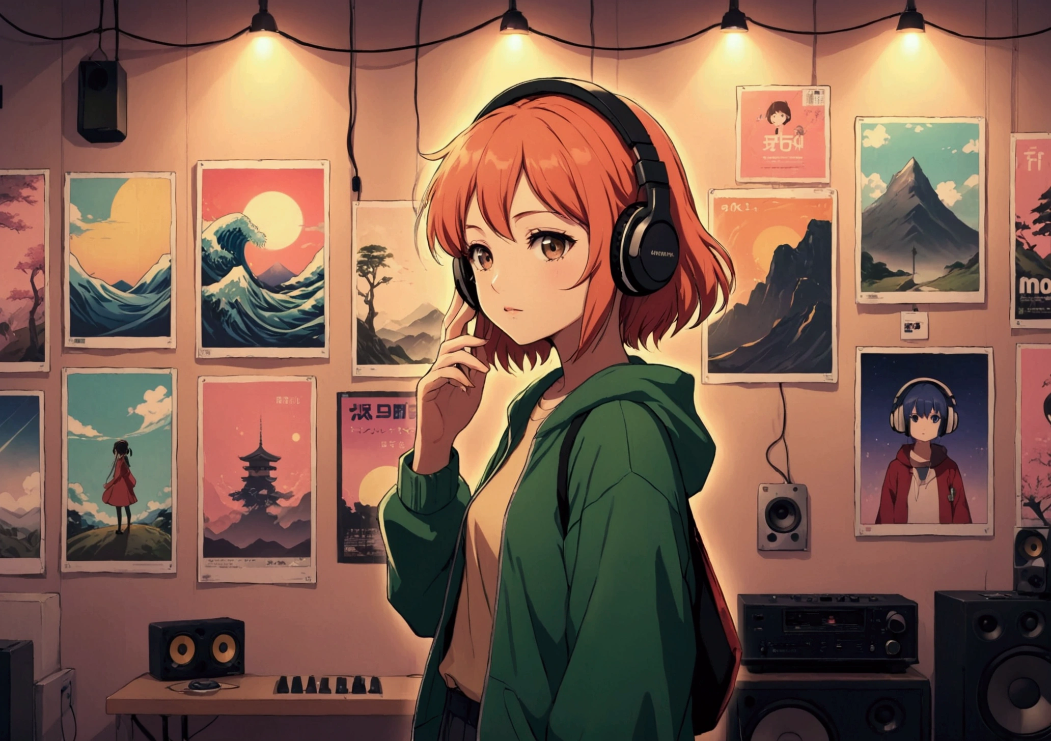 An anime character with headphones standing in front of a wall with 8 posters., lo-fi girl, Anime atmosphere, Lofi Artstyle, Anime Style 4k, Anime aesthetics, Nightcore, Lo-fi feel, Lofi Art, anime art wallpaper 4k, anime art wallpaper 4k, anime wallpaper 4k, anime wallpaper 4k, An atmosphere of praise, Kaisei and Artgelm