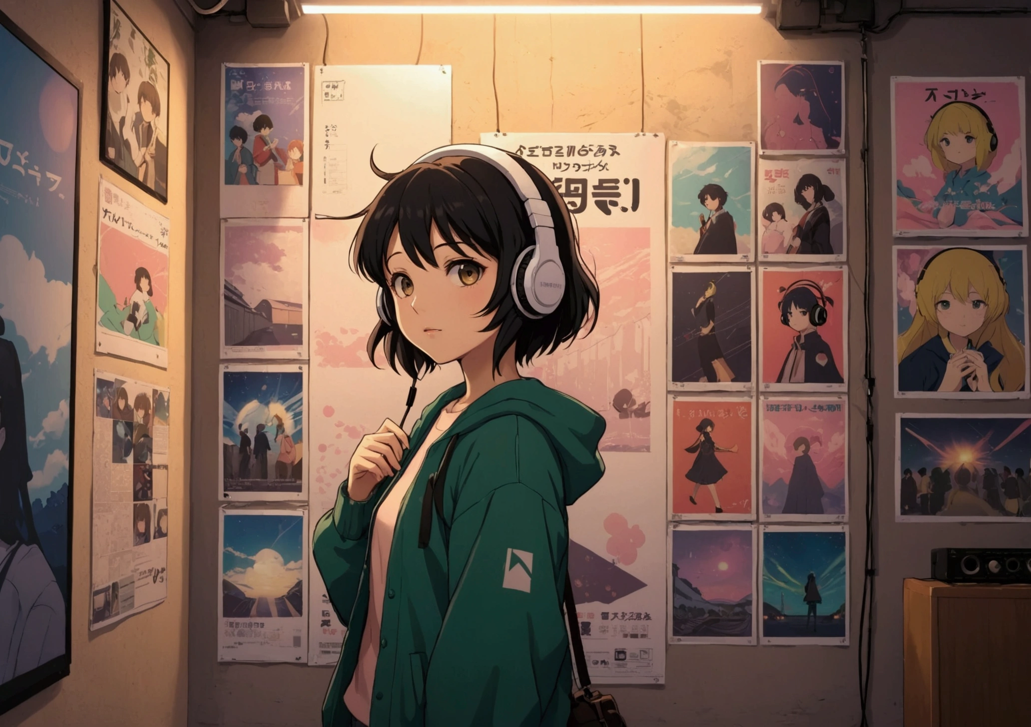 An anime character with headphones standing in front of a wall with 8 posters., lo-fi girl, Anime atmosphere, Lofi Artstyle, Anime Style 4k, Anime aesthetics, Nightcore, Lo-fi feel, Lofi Art, anime art wallpaper 4k, anime art wallpaper 4k, anime wallpaper 4k, anime wallpaper 4k, An atmosphere of praise, Kaisei and Artgelm