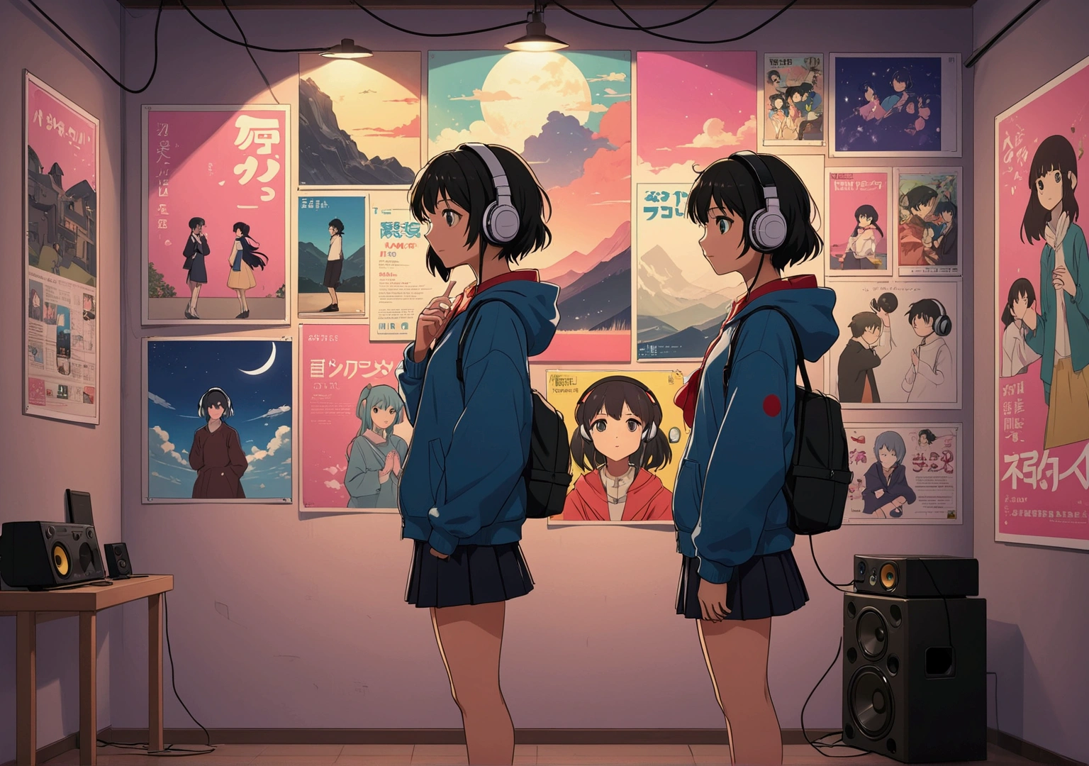 An anime character with headphones standing in front of a wall with 8 posters., lo-fi girl, Anime atmosphere, Lofi Artstyle, Anime Style 4k, Anime aesthetics, Nightcore, Lo-fi feel, Lofi Art, anime art wallpaper 4k, anime art wallpaper 4k, anime wallpaper 4k, anime wallpaper 4k, An atmosphere of praise, Kaisei and Artgelm