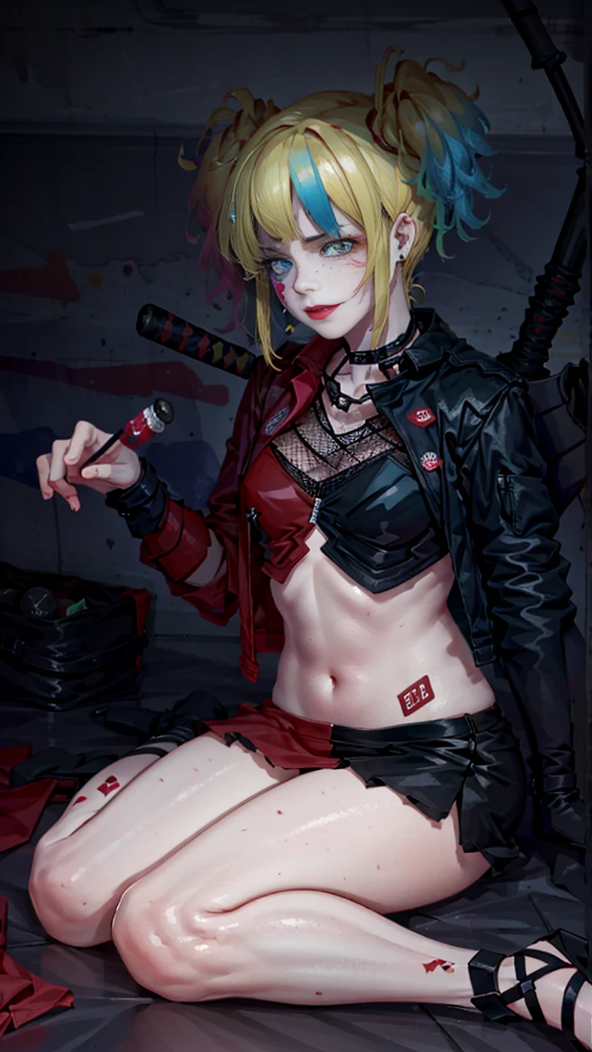 Harley Quinn from Suicide Squad, (((triple D cup breasts))), holds baseball bats behind his neck, big ass, full body dress, hide, slender body, short hair, sexy eyes, foreground, I look at the viewer, 8 K, high quality , very detailed eyes, Long face, Cyberrealism, beautiful eyes, realistic, Cabelos de high quality, inclined, room , portrait, Perfect eyes , silky hair, slender body, hair on one side, Hot lips, eyes are the same size, Young face, high legs, very detailed eyes, shiny body, tattoos, pink hair, detailed eyes, freckles, Eyes of the same color,  sexual, face to face, big breasts, split, big breasts, blushing, masturbation, lying, lie on the bed, flowers, Grab your breasts, sit on a box in abandoned fabric, lower chest, visible navel,