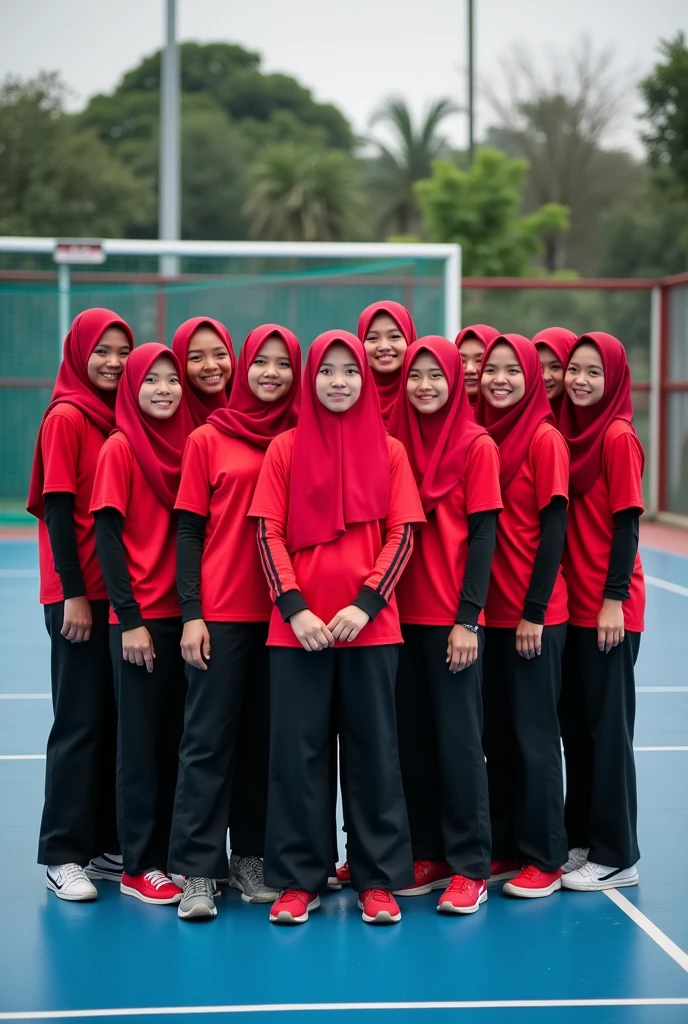 A group of 10 young Malay women's netball team wearing matching red and black jersey, posing together outdoors in front of a netball court. They wearing sport hijab, muslim armband and bootcut