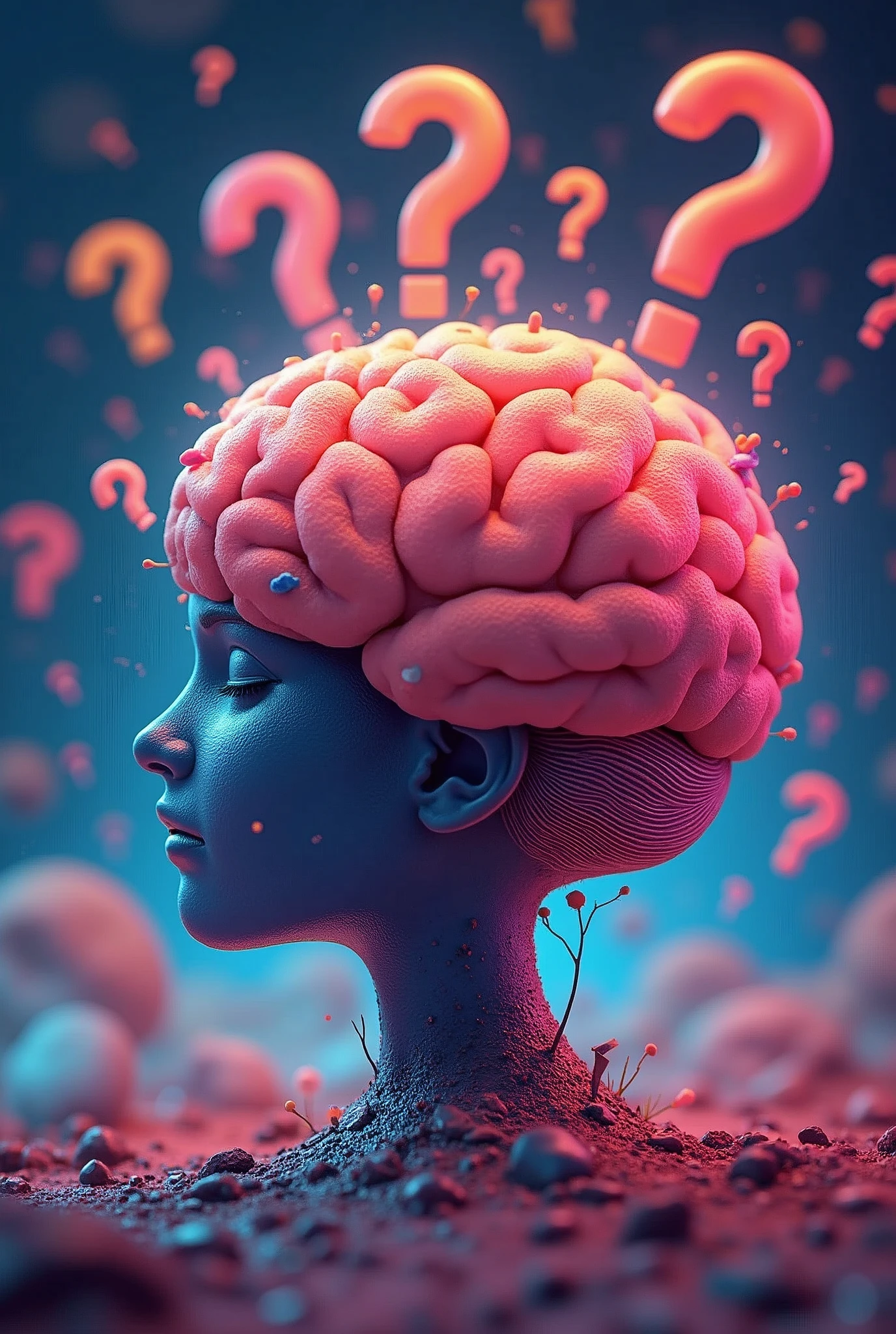 Brain with question marks, cores vivas e alegres