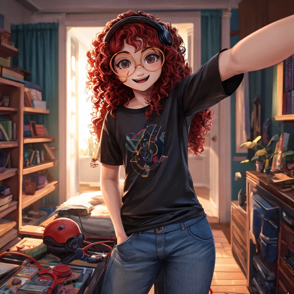 Sea Art Robot, Txt2Img, 11:21:31, Masterpiece, best quality),1 teenager aged 16 years, wavy red hair, round glasses, curly hair, smile, black t-shirt, wide-mouth jeans, Hands on the waist, In-ear headphones, warm light, The foreground is blurry., Taking a selfie.