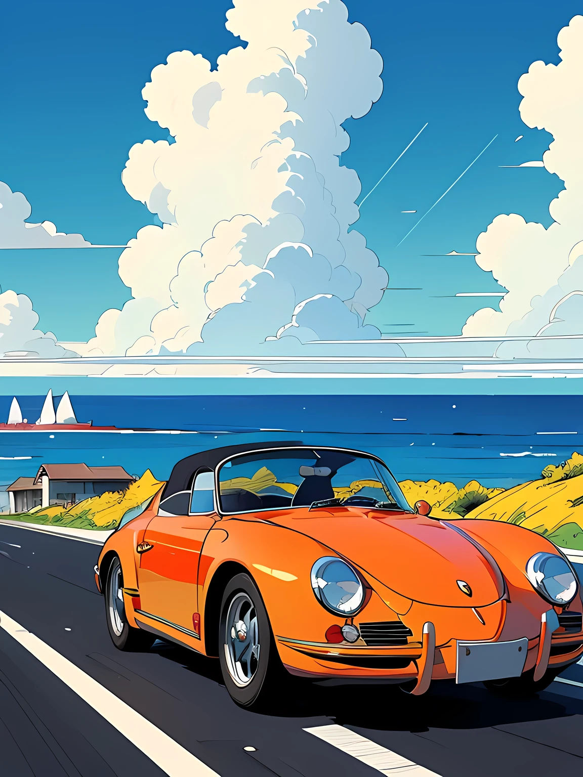 Graphic design, Drawn with clear lines, HIROSHI NAGAI art style, Blue sky and white clouds, (line art:1.2), Ligne Claire, Flowing Thick lines, Red Porsche 356 Speedster, Minimalist Geometry, fine line drawing, Illustration, Vivid highly saturated colors, ((Summer Scenery))