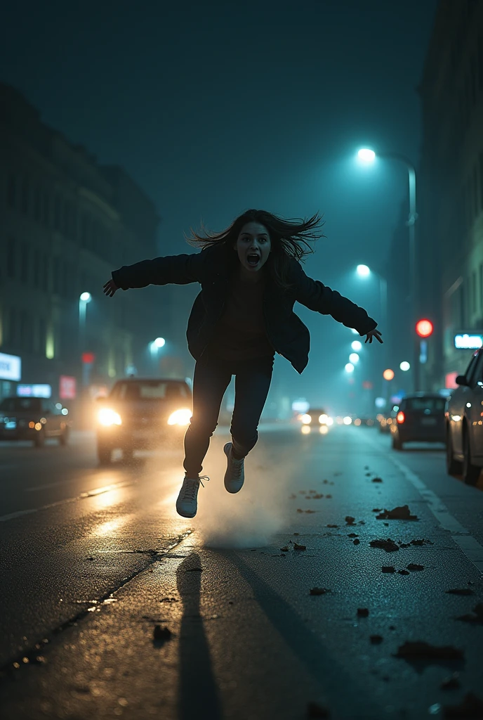 (photorealism:1.2) a young woman hitted by a sppeding car at night it is a hit and run