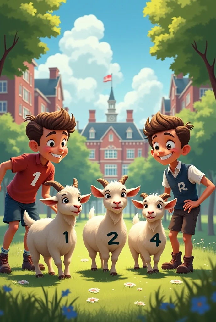 Two mischievous young mens friends wrote 1,2,4 of three goats in a college campus