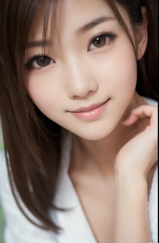 best quality, face focus, soft light, ultra high res, (photorealistic:1.4), RAW photo,(Shinozaki Ai), white skin, kawaii, 1 Japanese girl, solo, cute, (smile), (pupil, lights in the eyes),  detailed beautiful face, Medium-sized breasts,(high resolution detail of human skin texture),(long hair),(portrait), upper body, white traditional kimono