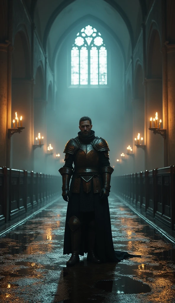 Fisheye Lens, Portrait of a medieval knight standing in a Gothic church, Wet Stone, puddle, Infinite Vault, Bloodborne infection, Dramatic Light, Modest, Candlelight