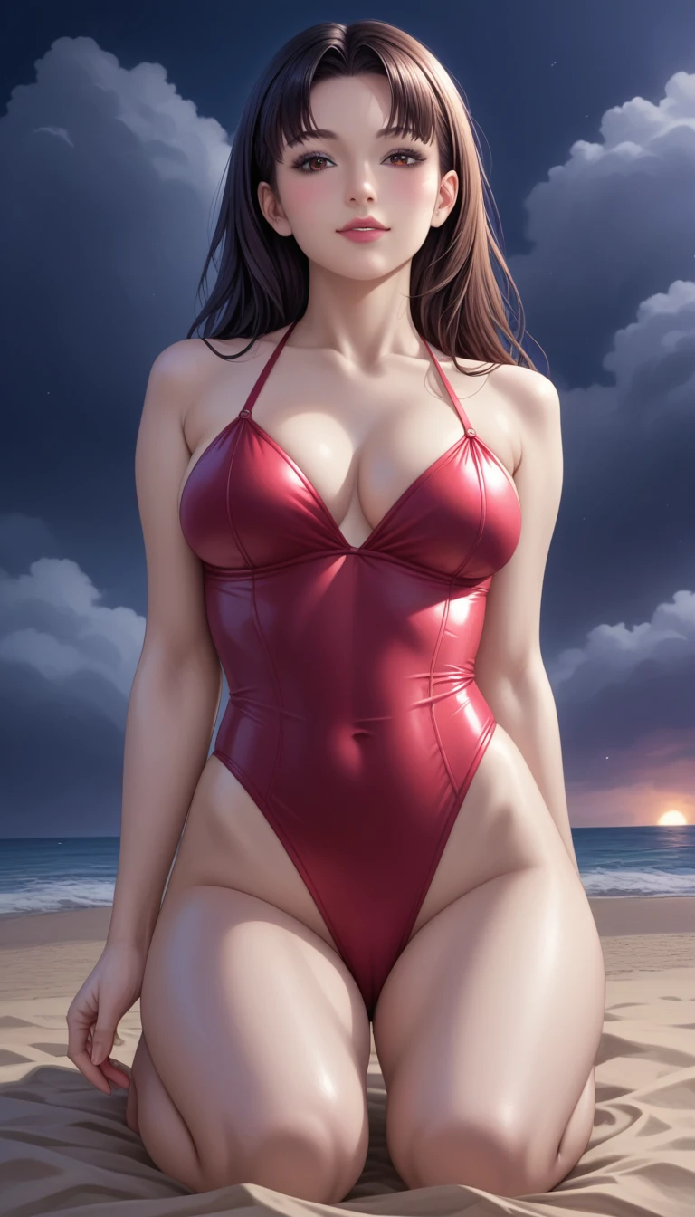 score_9, score_8_superior, score_7_superior, High-resolution CG illustration,A masterpiece in 32K resolution,Highest quality,it is really amazing,Very detailed,Ultra-high resolution,Ultra-realistic,Realistic,Increased depth of field,Cinematic lighting,
Sexy mature Japan woman,
Straight long hair with black hair,Ultra-detailed and beautiful face,Calm and gentle look,Beautiful brown eyes,Translucent white skin,Realistic skin texture,Great proportions,
Elegant red swimsuit,
Simple design,Chic color scheme based on red,Detailed fabric texture,
(Dark overcast sky on a dull night:1.1),(Dark clouds filling the sky:1.1),Thundercloud,Coastline at night,Stormy seas,delay々A desolate sandy beach that continues,
Kneeling on the sand,Low - Angle,