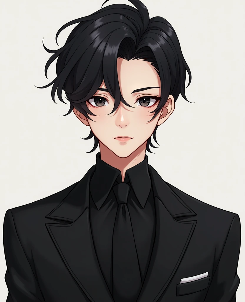 Man with black hair and black suit, Handsome face, Black eyes, Highly detailed young anime, 4K Wall Paper Caricature, Anime boy, detailed anime character art.
