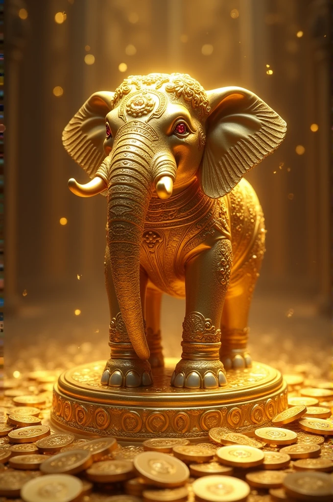 Golden elephant with many gold coins around it