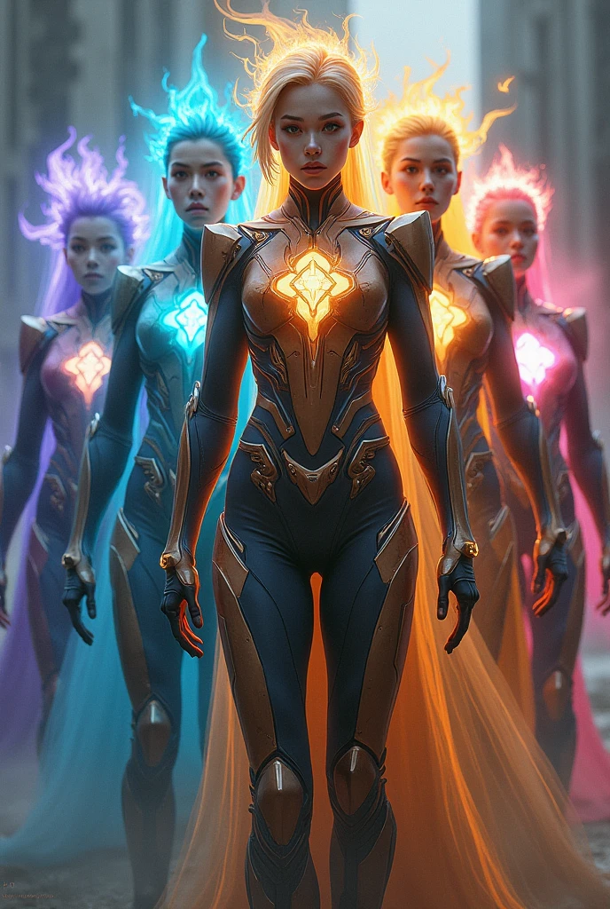 To create an image based on your description, imagine a team of five legendary beings, each with their own innate power. Here is a detailed description:

1. **Legendary Beings**: These beings have an almost mythical appearance, with unique and supernatural features, but they combine their natural power with advanced technology.
   
2. **Technological Armors**: Each being wears high-tech armor, designed to amplify and refine their abilities. The armor has a futuristic and elegant design, with luminous details that reflect the energy they emanate.

3. **Bioexoskeleton**: Under the armor, these beings wear a bioexoskeleton that seamlessly integrates with the armor. This exoskeleton provides them with additional strength and improves their mobility, merging the biological with the technological.

4. **energy**: the seres emanan una energía intensa que es visible alrededor de ellos, like an aura of power. This energy varies in color and shape according to each individual.

5. **Distinct Symbols**: Each member of the team has a unique symbol that represents their power or essence, these symbols are engraved or projected on their armors, standing out in its design.

6. **The Girl of the Team**: Among the five, one of the figures is a woman. Her armor is equally powerful, but perhaps with a more stylized and aerodynamic design, showing a balance between strength and grace.

7. **scenery**: The background could be a futuristic environment or a battlefield where these beings are ready for action.

This is the description that I will use to generate the image if you agree, Would you like to add anything else or start?Understood, I will reformulate the image so that the *Legendays* they look like young humans with a special touch, maintaining a design that reflects their divine power but with a more practical and versatile style for combat.

Here is the revised description:

1. **Young and Human Appearance**: the *Legendays* they look like young humans, Although 