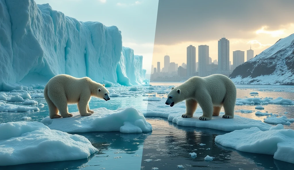An artistic representation of global warming’s impact, featuring a split scene. One side shows a melting glacier with polar bears struggling to find ice, while the other side depicts a city experiencing extreme heatwaves and rising sea levels. The contrast emphasizes the urgent need for action, 32K, extreme highly detail, attracted lighting, trending on CG magazine